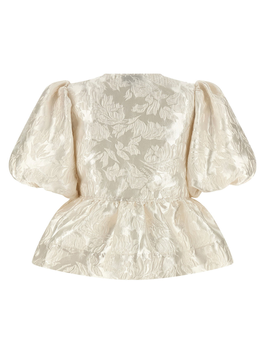 Ganni Satin Peplum Jacquard Blouse White Polyester Blend Crew Neck