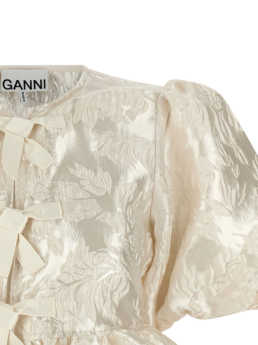 Ganni Satin Peplum Jacquard Blouse White Polyester Blend Crew Neck