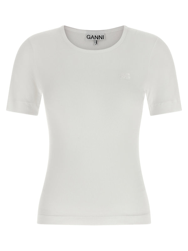 Ganni Logo Embroidery T Shirt For Women Organic Cotton Ribbed Tee With Tone On Tone Front Logo