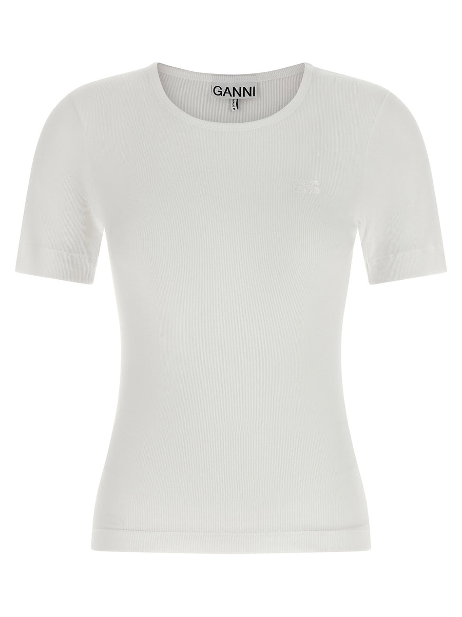 Ganni Logo Embroidery T Shirt For Women Organic Cotton Ribbed Tee With Tone On Tone Front Logo