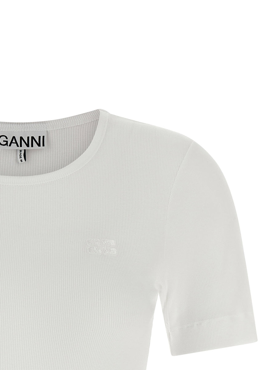 Ganni Logo Embroidery T Shirt For Women Organic Cotton Ribbed Tee With Tone On Tone Front Logo