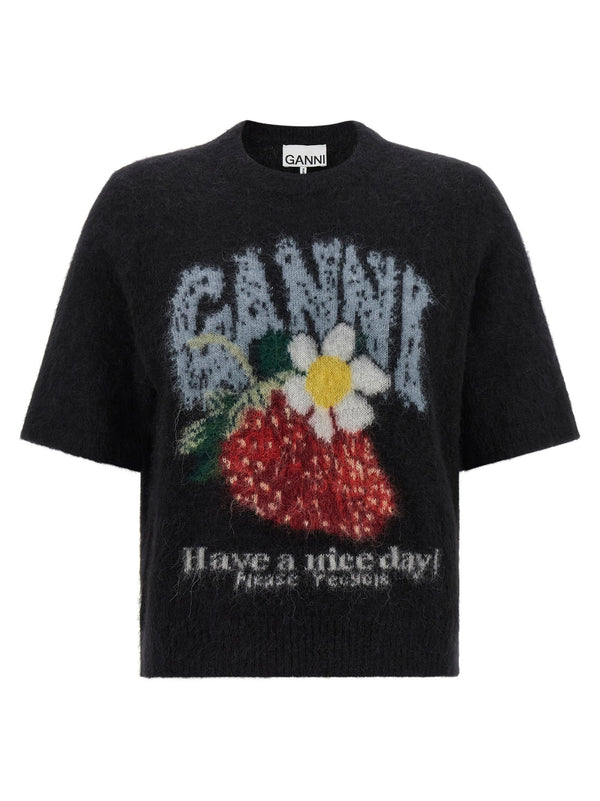 Ganni Strawberry Alpaca Wool Short Sleeve Sweater For Women Ultra Soft Brushed Texture Black