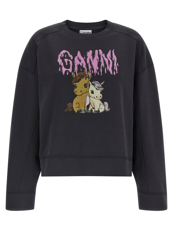 Ganni Isoli Sweatshirt For Women Black 100 Percent Organic Cotton Front Print Crewneck Comfort