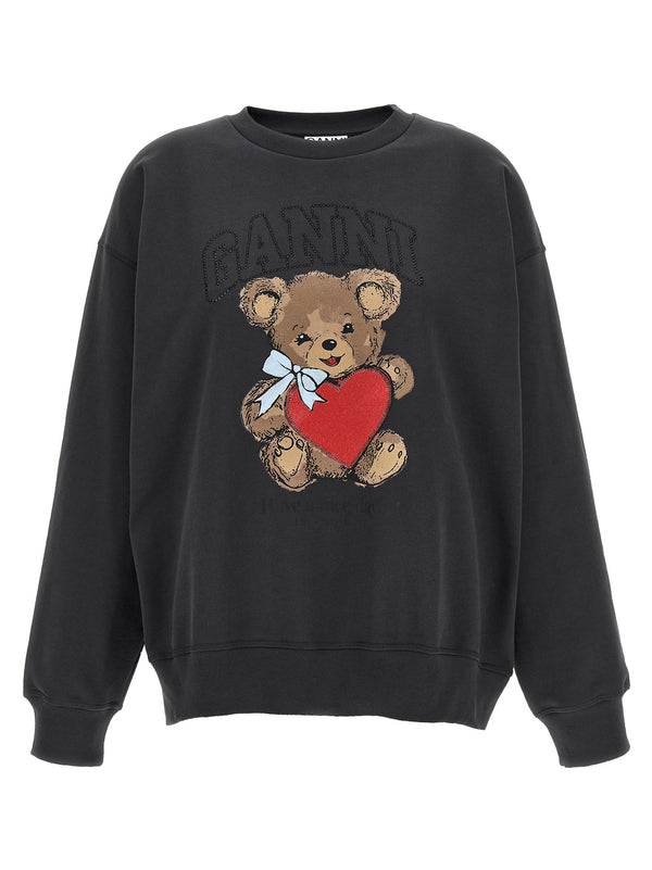 Ganni Orso Sweatshirt For Women Organic Cotton Black Top With Rhinestone Logo Applique Shine