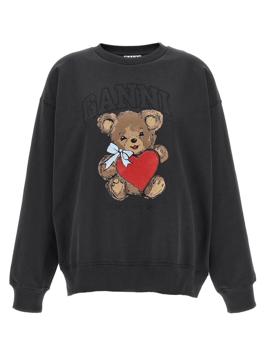 Ganni Orso Sweatshirt For Women Organic Cotton Black Top With Rhinestone Logo Applique Shine