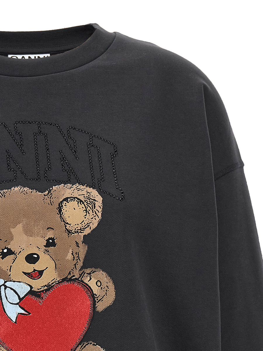 Ganni Orso Sweatshirt For Women Organic Cotton Black Top With Rhinestone Logo Applique Shine