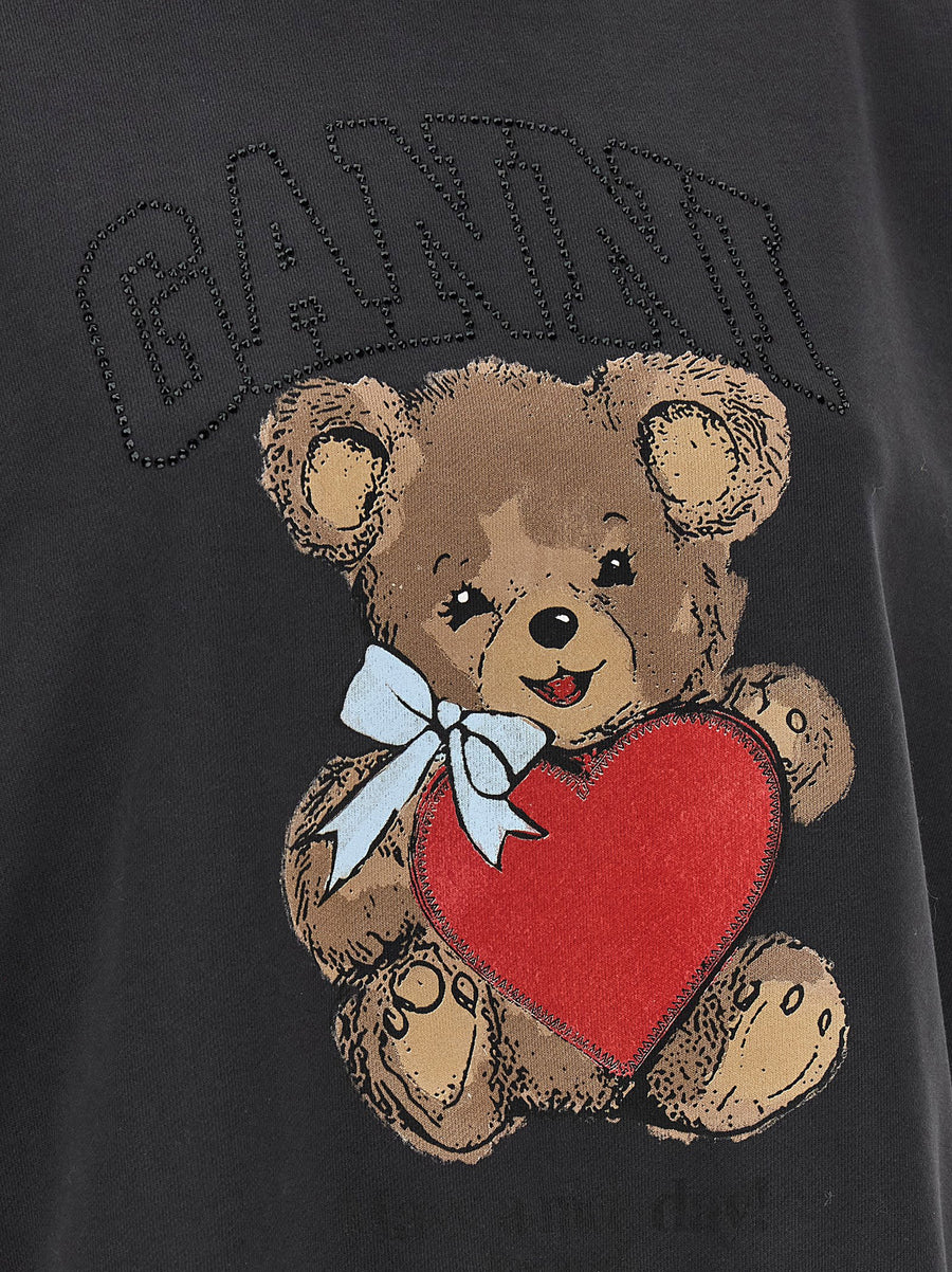 Ganni Orso Sweatshirt For Women Organic Cotton Black Top With Rhinestone Logo Applique Shine