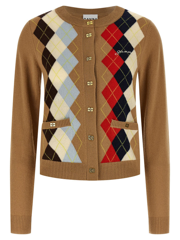 Ganni Diamond Pattern Cardigan for Women Beige Wool Cashmere Blend with Jewel Buttons and Pockets