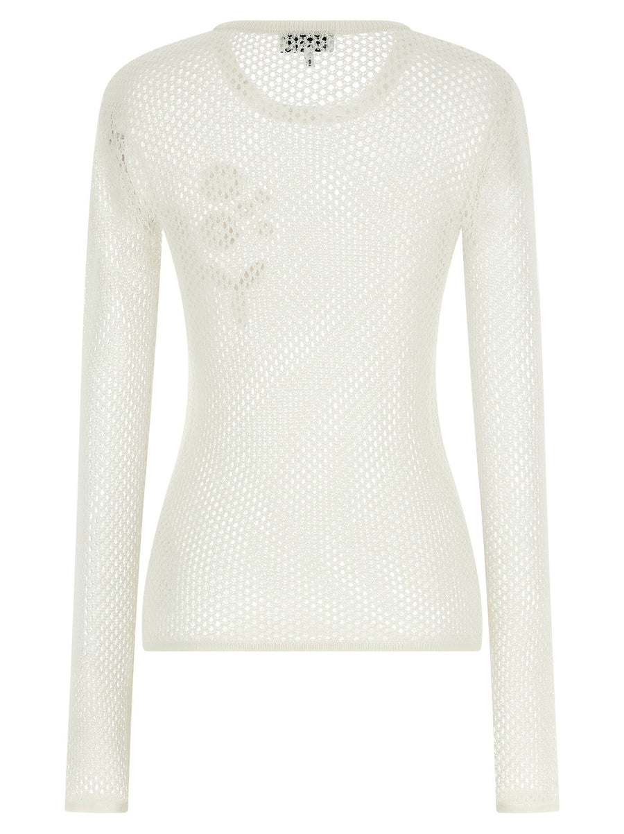 Ganni Pointelle Cotton Sweater For Women With Floral 3D Appliques In Organic White Knit