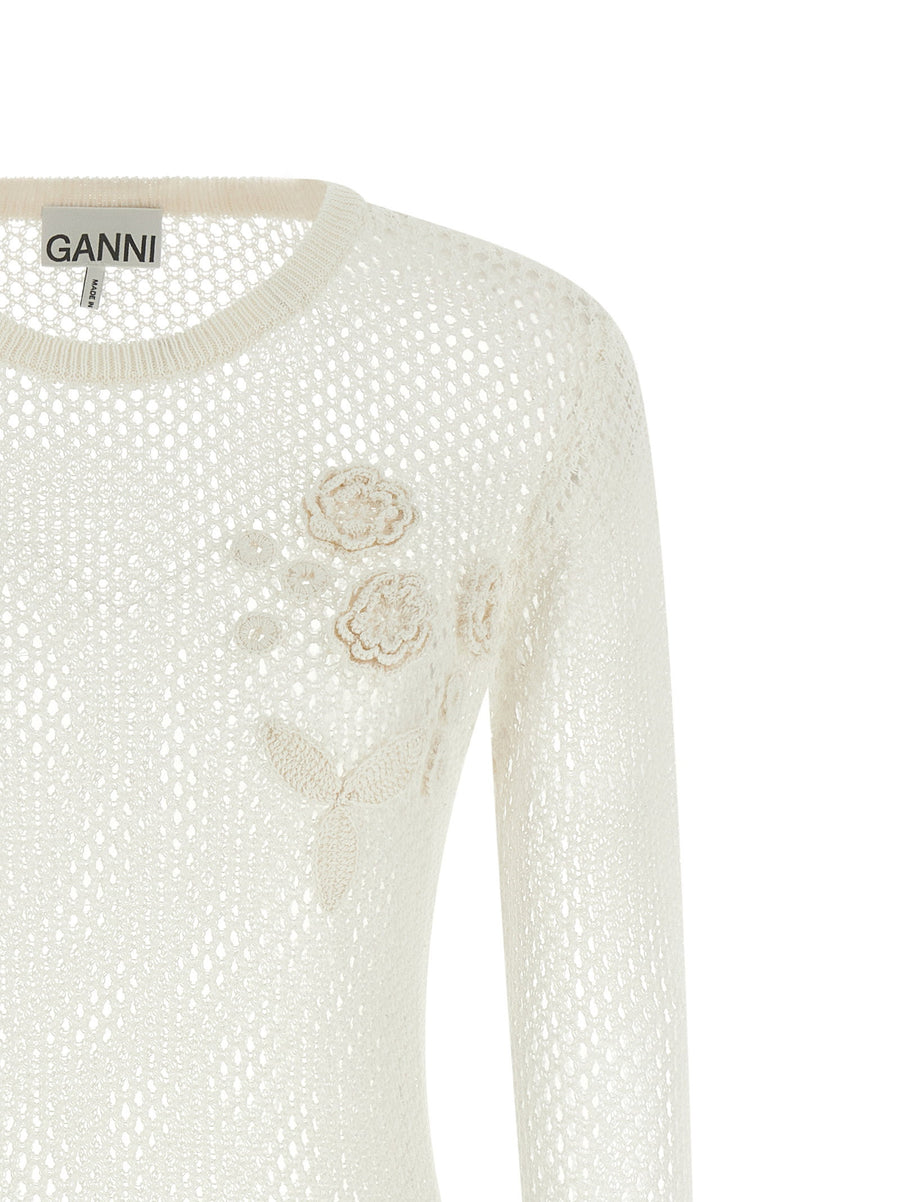 Ganni Pointelle Cotton Sweater For Women With Floral 3D Appliques In Organic White Knit