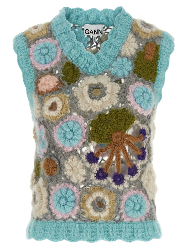 Ganni Dreamy Floral Mohair Wool Vest For Women Plush Crocheted Texture Lux Layering Piece