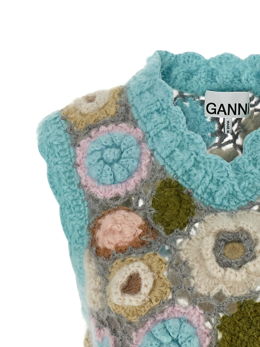 Ganni Dreamy Floral Mohair Wool Vest For Women Plush Crocheted Texture Lux Layering Piece