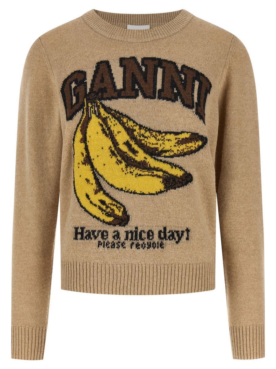 Ganni Banane Sweater For Women Beige WoolBlend Knit With Front Banane Graphic Motif