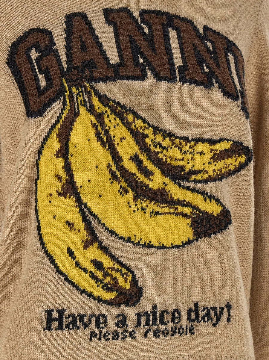 Ganni Banane Sweater For Women Beige WoolBlend Knit With Front Banane Graphic Motif