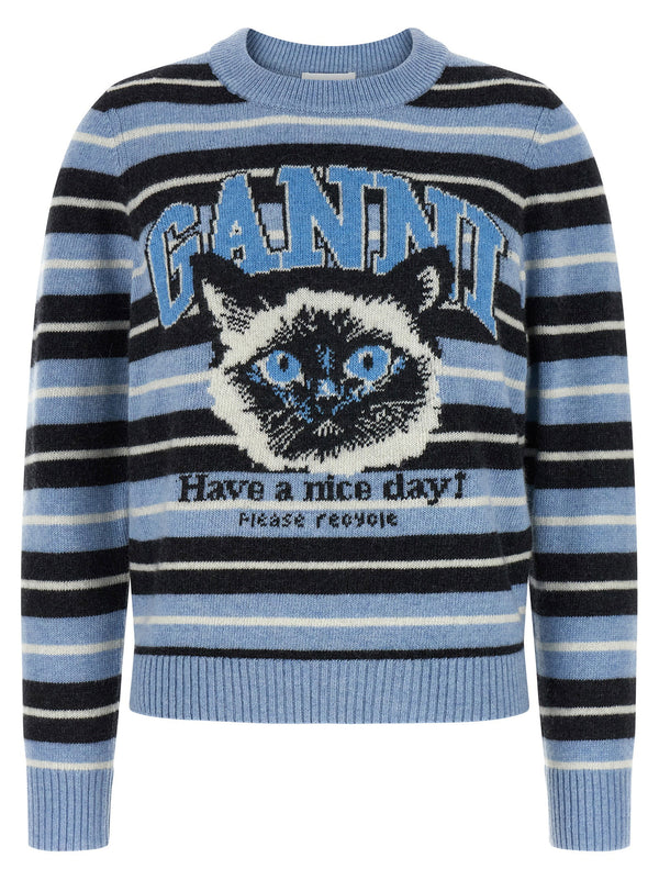 Ganni Graphic Wool Sweater For Women With Recycled Wool Blend And Jacquard Striped Design Elevate Everyday Style