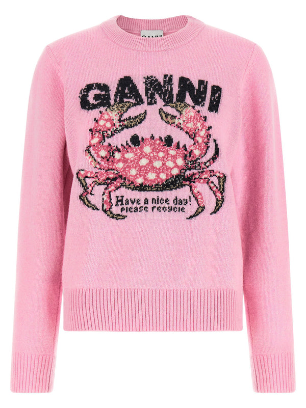 Ganni Crab Sweater for Women Pink Luxury Wool Blend Textured Knit Crewneck Regular Fit