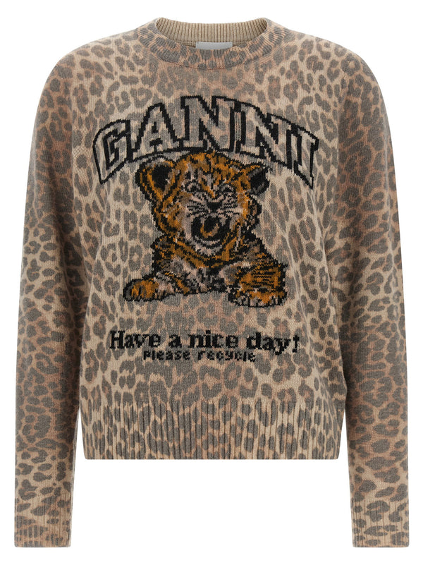 Ganni Tiger Sweater Beige Wool Blend 80% Wool 20% Polyamide Luxury Knit For Women