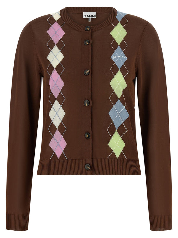 Ganni Argyle Cardigan For Women Premium Lightweight Organic Cotton Crew Neck Pastel Knit
