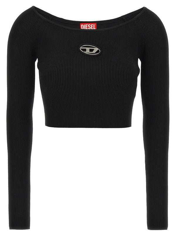 Diesel Cropped Sweater for Women Black With Stretch Rib Jersey Front Logo Plaque Cutout Detail