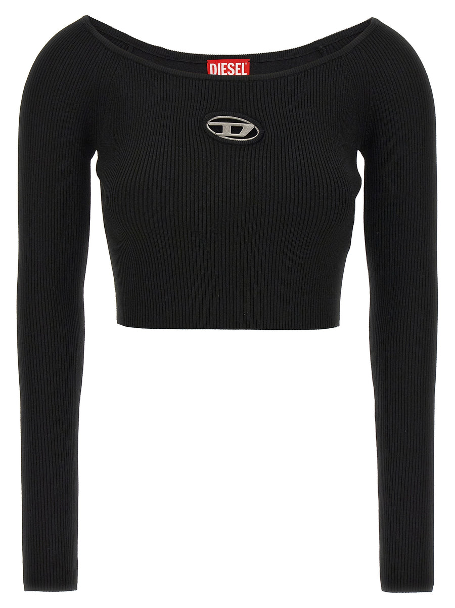 Diesel Cropped Sweater for Women Black With Stretch Rib Jersey Front Logo Plaque Cutout Detail