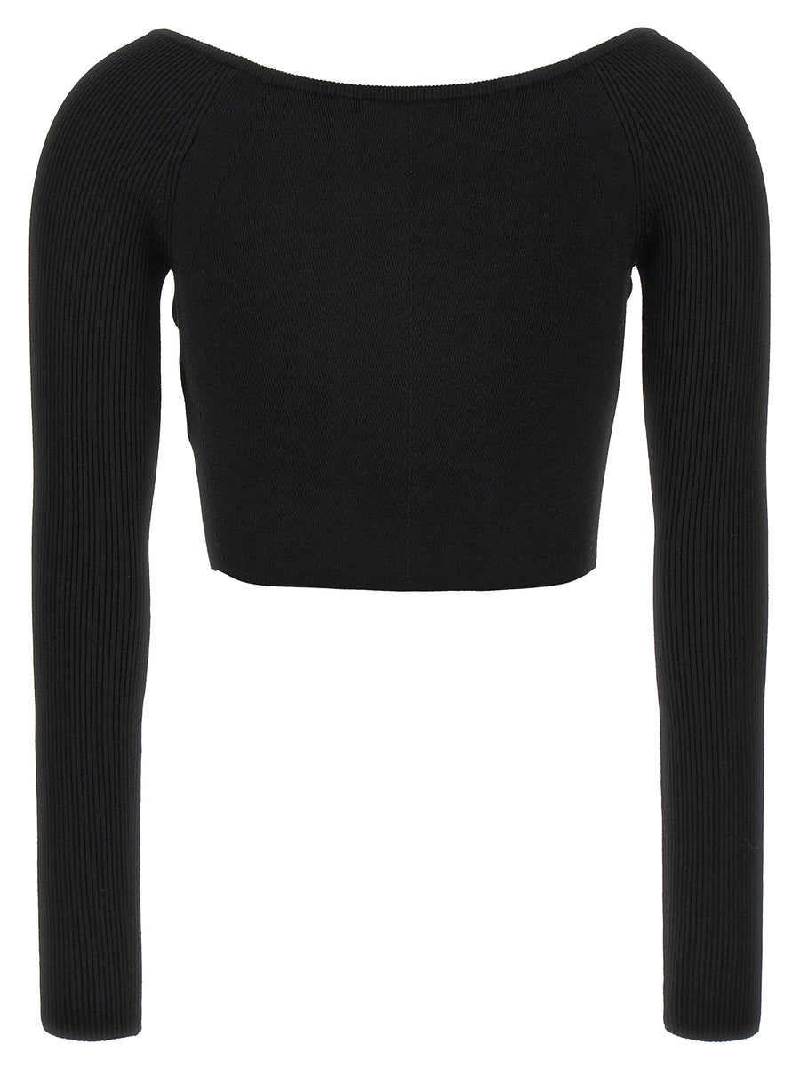 Diesel Cropped Sweater for Women Black With Stretch Rib Jersey Front Logo Plaque Cutout Detail