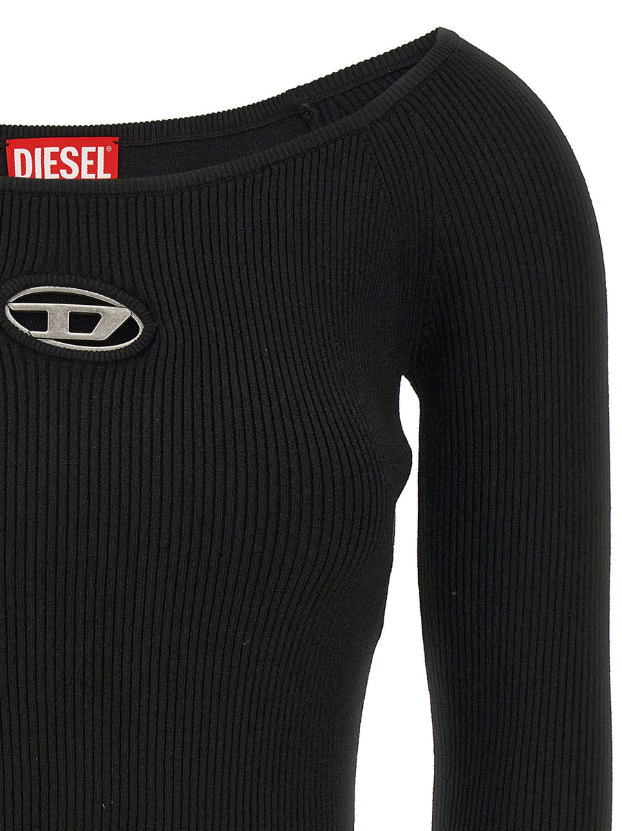 Diesel Cropped Sweater for Women Black With Stretch Rib Jersey Front Logo Plaque Cutout Detail