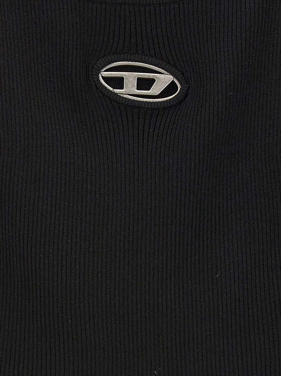 Diesel Cropped Sweater for Women Black With Stretch Rib Jersey Front Logo Plaque Cutout Detail