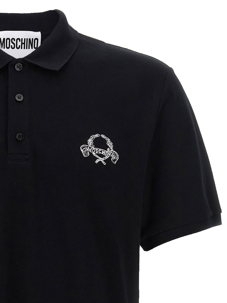 Moschino Logo Embroidered Polo Shirt For Men Black 100 Percent Cotton Pique Breathable Luxury Polo