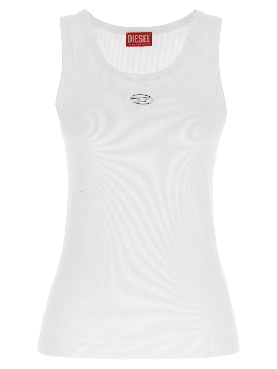 Diesel T-anki-od Top for Women White Fine Ribbed Stretch Cotton Jersey Slim Fit Versatile Round Neck Oval D Logo