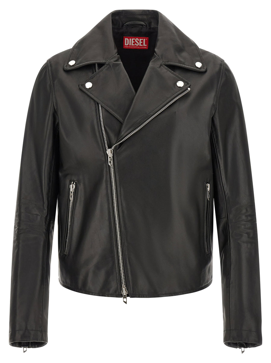 Diesel LEO WRD Hammered Leather Biker Jacket Women Black