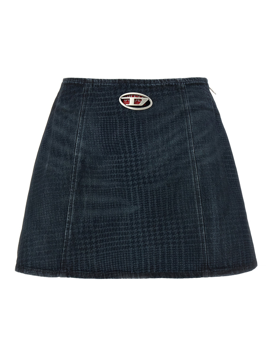Diesel DeSwenyS1 Skirt For Women Blue Hemp Denim Mini With Bold Prince Of Wales Check A Line Flared