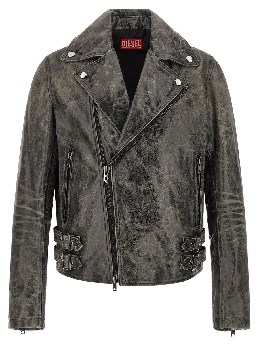 Diesel L-eon-cjcm Leather Biker Jacket Gray Cowhide With Asymmetrical Zip