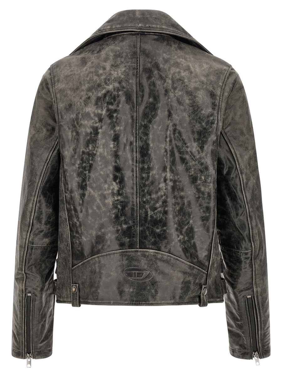 Diesel L-eon-cjcm Leather Biker Jacket Gray Cowhide With Asymmetrical Zip