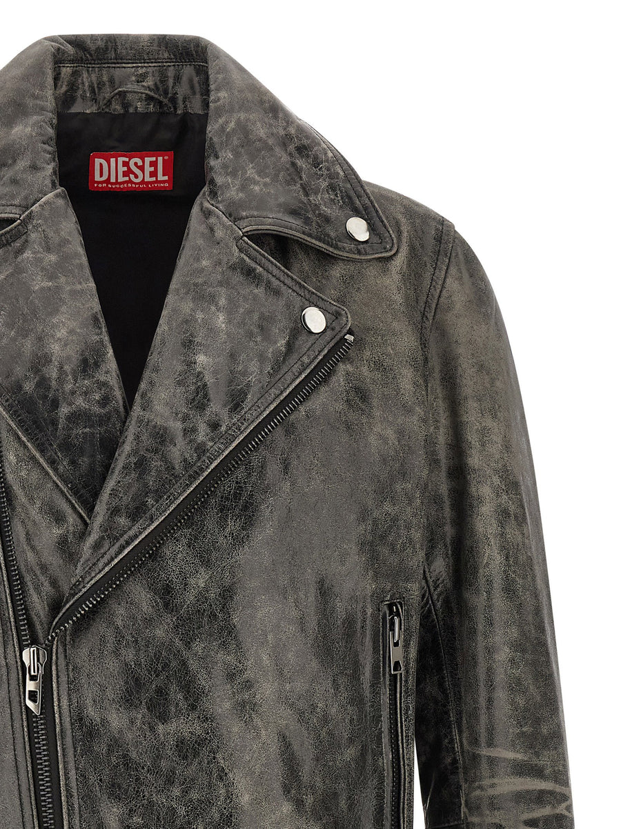 Diesel L-eon-cjcm Leather Biker Jacket Gray Cowhide With Asymmetrical Zip