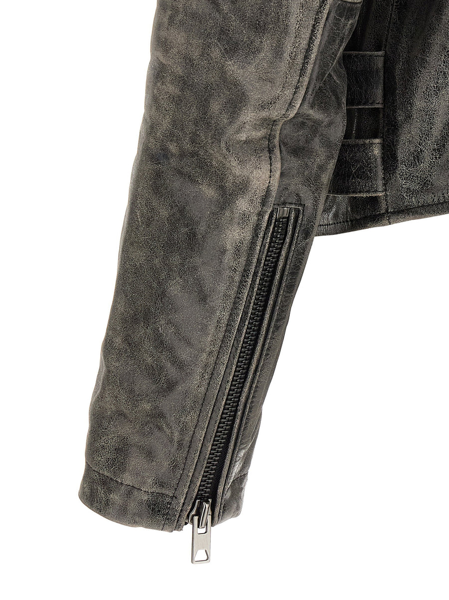 Diesel L-eon-cjcm Leather Biker Jacket Gray Cowhide With Asymmetrical Zip