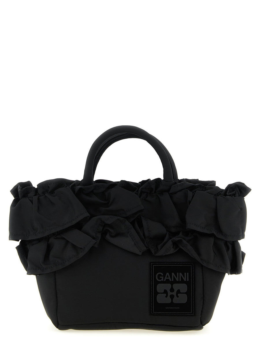 Ganni Mini Shopper Ruffle Handbag Black Recycled Nylon Adjustable Strap