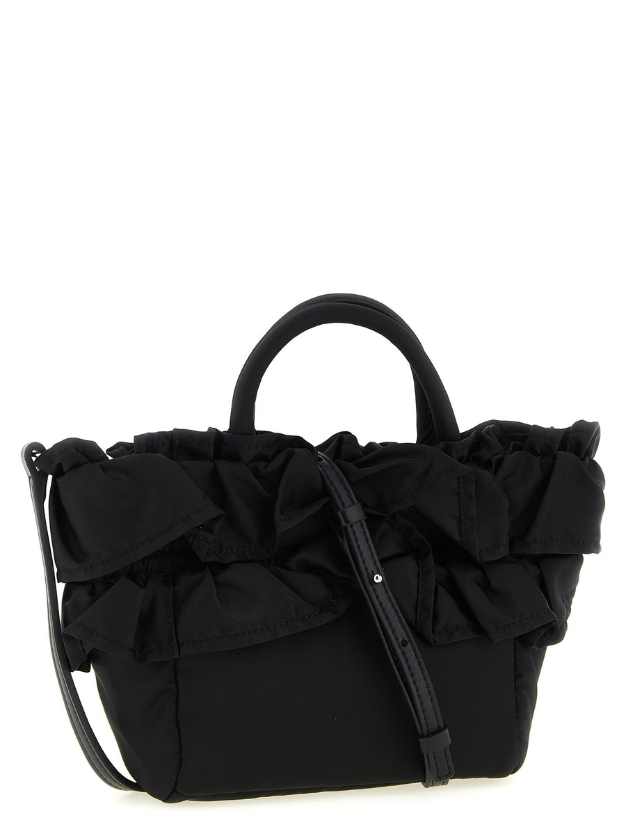 Ganni Mini Shopper Ruffle Handbag Black Recycled Nylon Adjustable Strap