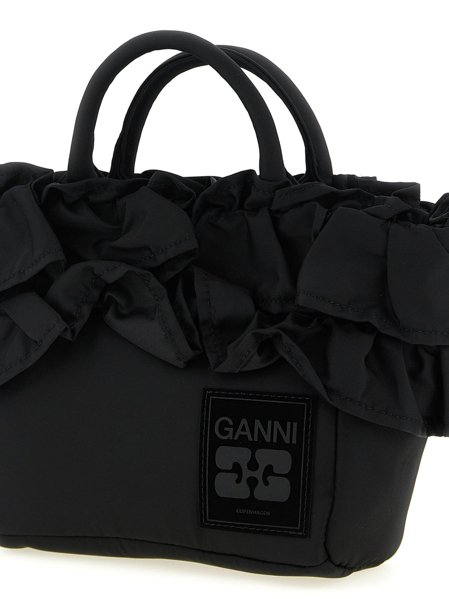 Ganni Mini Shopper Ruffle Handbag Black Recycled Nylon Adjustable Strap