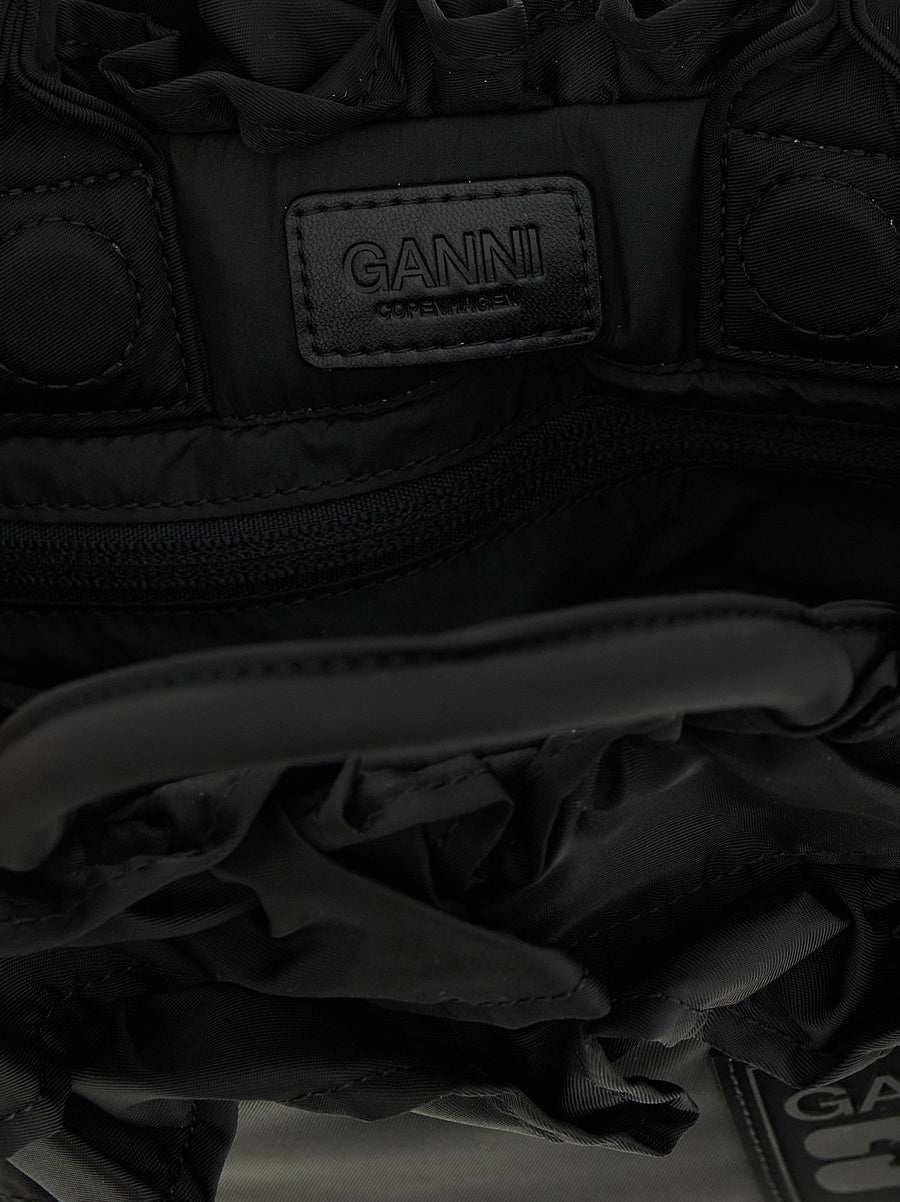 Ganni Mini Shopper Ruffle Handbag Black Recycled Nylon Adjustable Strap