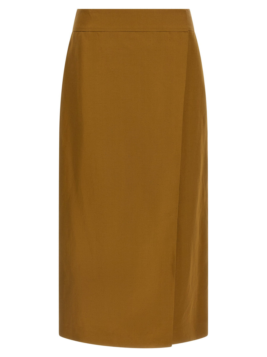 Alberto Biani Wrap Midi Skirt For Women Wallet Style With Asymmetric Closure And Front Hook Viscose Linen Blend Brown