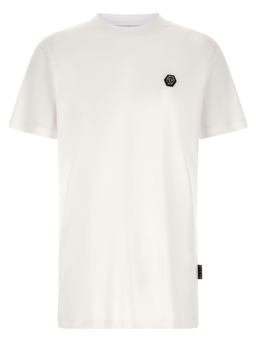 Philipp Plein Hexagon T Shirt For Men White Cotton Jersey With Front Hexagon Patch Luxury