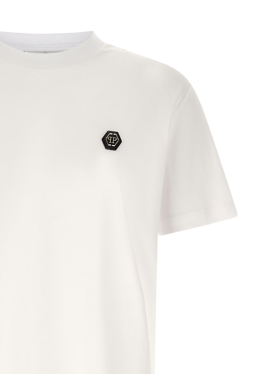 Philipp Plein Hexagon T Shirt For Men White Cotton Jersey With Front Hexagon Patch Luxury