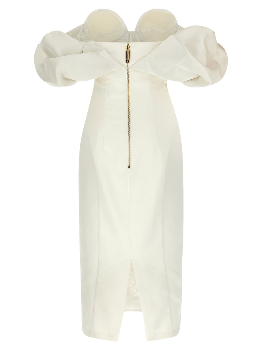 Elisabetta Franchi White Satin Off The Shoulder Corset Dress