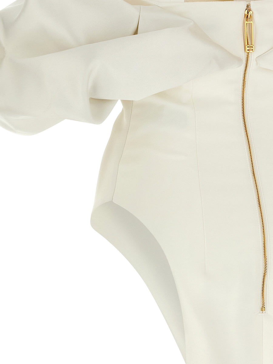 Elisabetta Franchi White Satin Off The Shoulder Corset Dress