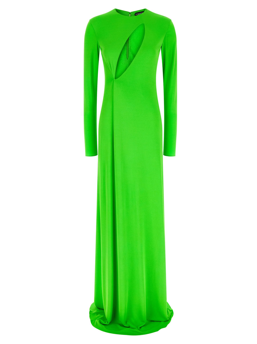 Tom Ford Long Sleeve Slash Front Green Evening Dress for Women with Cutout and Front Pincer Luxe Sculpted Silhouette