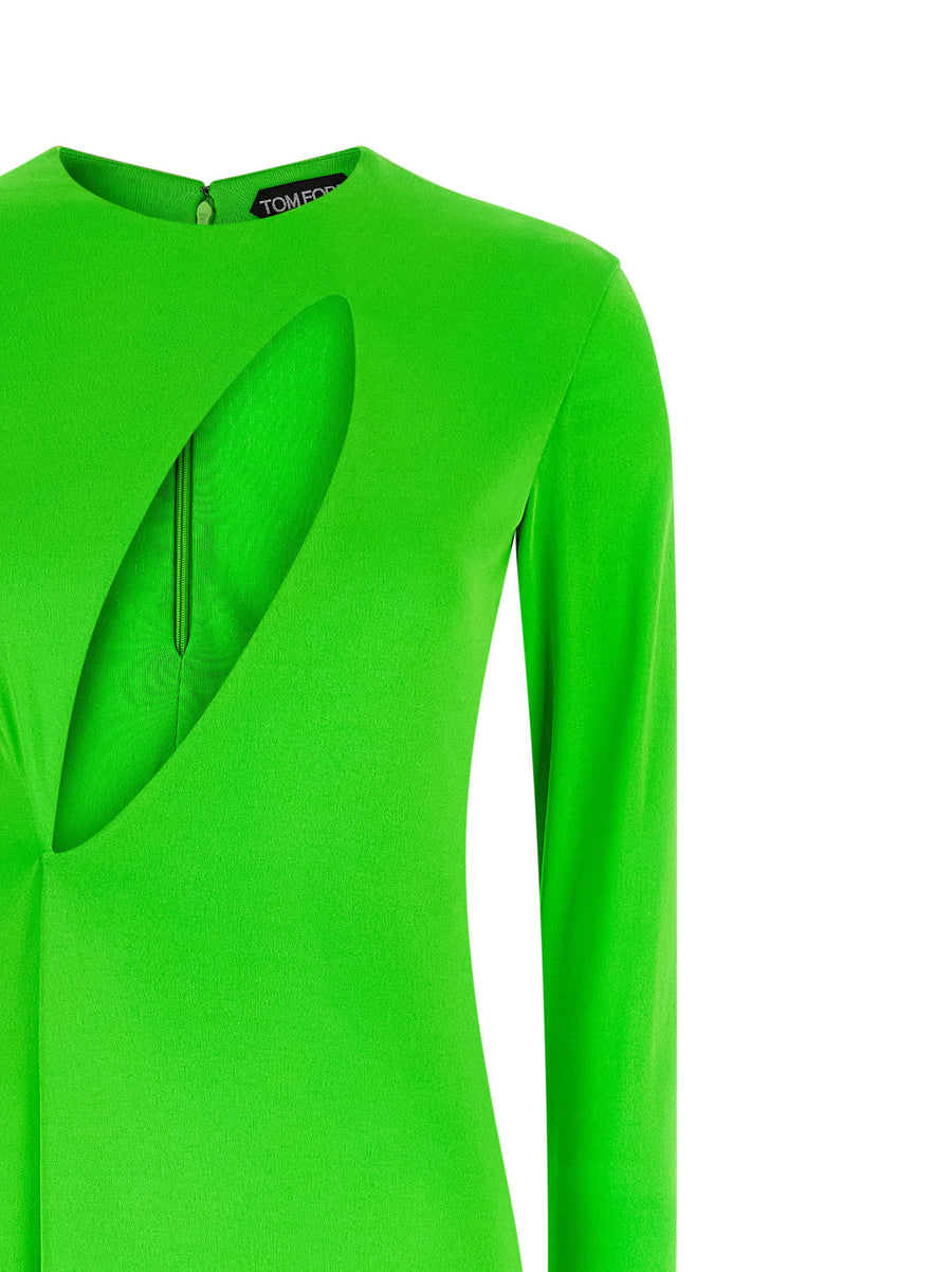 Tom Ford Long Sleeve Slash Front Green Evening Dress for Women with Cutout and Front Pincer Luxe Sculpted Silhouette