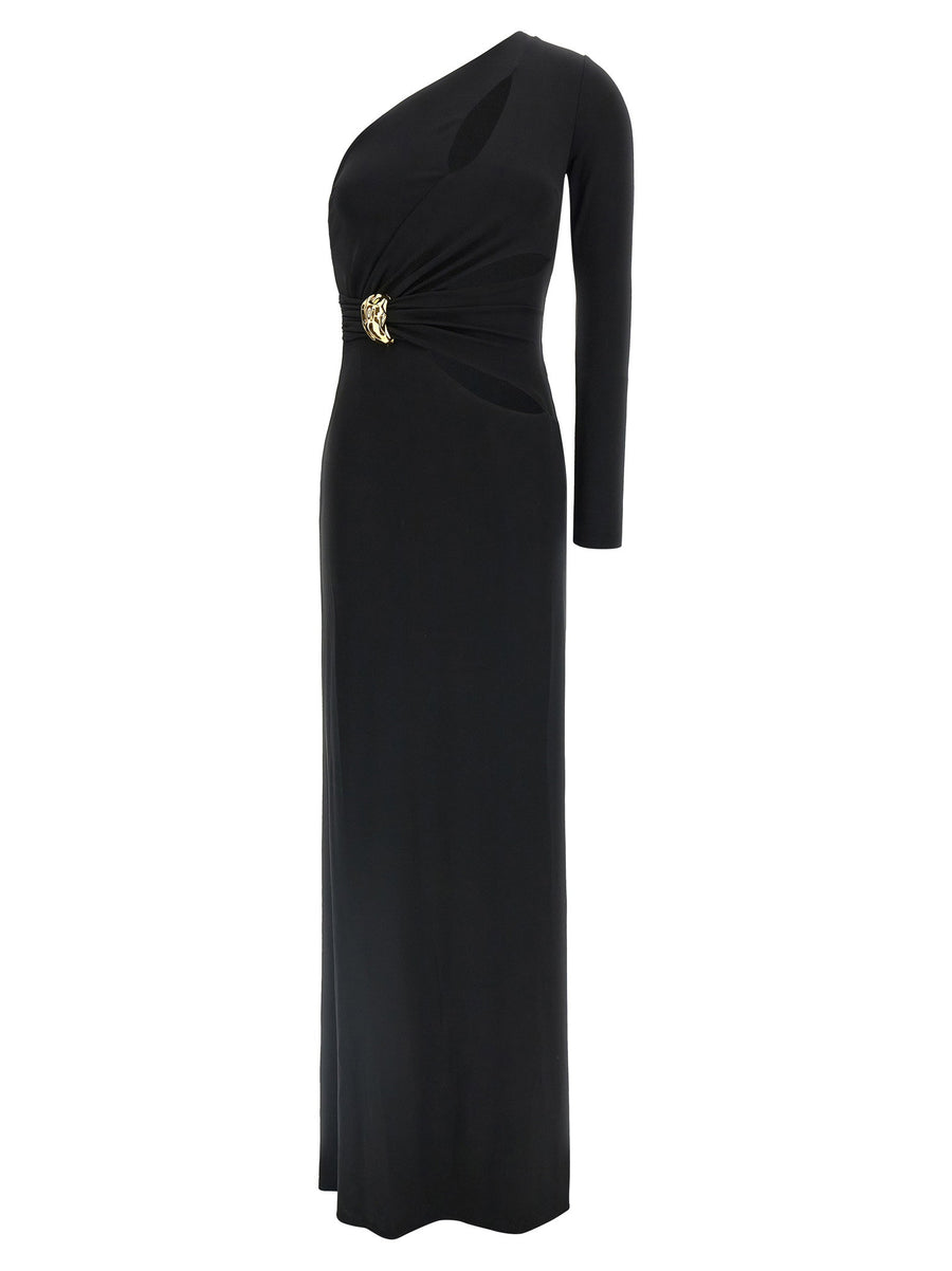 Elisabetta Franchi Red Carpet Gown One Shoulder Black Crepe Jersey Jewel Knot Detail For Women