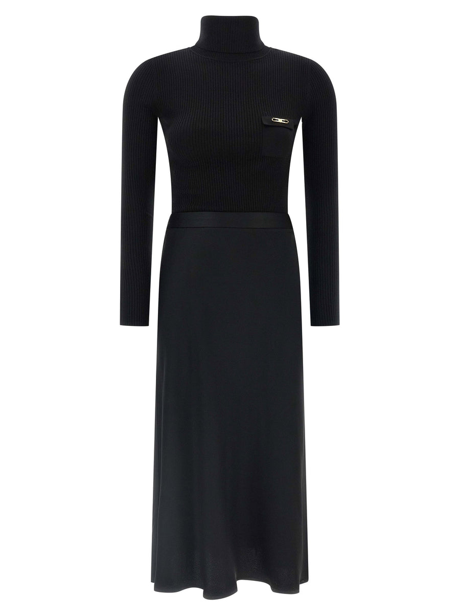 Elisabetta Franchi Luxurious Turtleneck Dress For Women With Ribbed Knit Bodice And Satin Flared Midi Skirt Black
