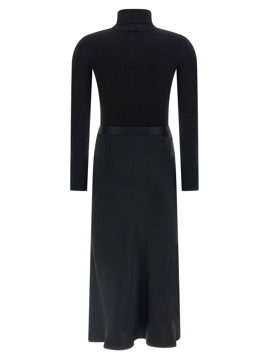 Elisabetta Franchi Luxurious Turtleneck Dress For Women With Ribbed Knit Bodice And Satin Flared Midi Skirt Black