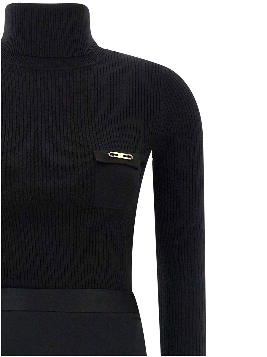 Elisabetta Franchi Luxurious Turtleneck Dress For Women With Ribbed Knit Bodice And Satin Flared Midi Skirt Black